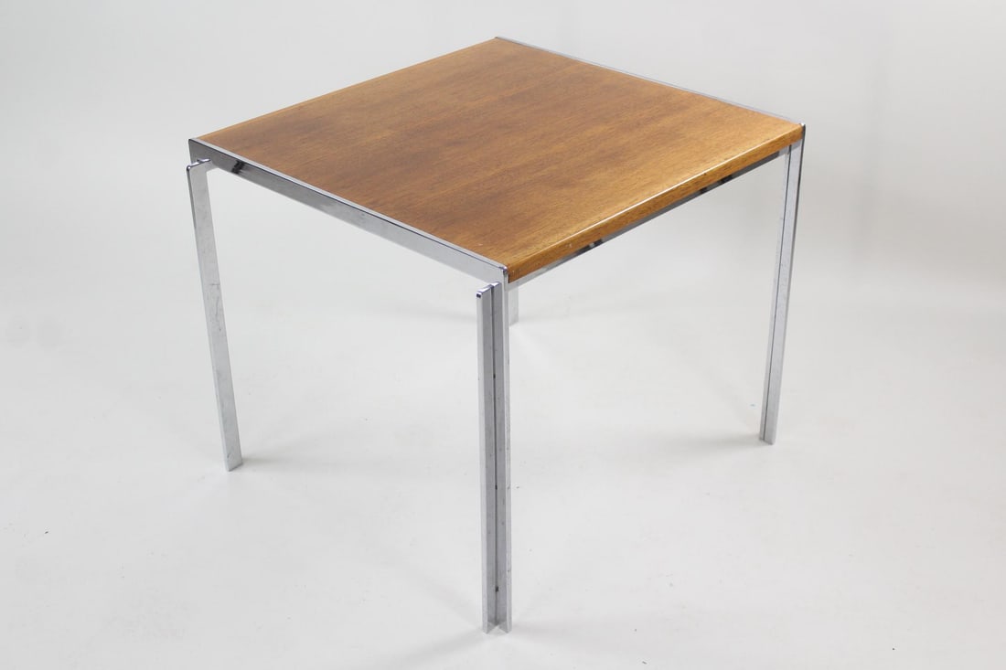 Mid Century Modern Side Table by Alexis Yermakov for Stow Davis: Mid Century Modern Side Table by Alexis Yermakov for Stow Davis. This chrome plated steel table has walnut wood. It is clearly marked Stow Davis.Dimensions are 24 in h x 27 in w x 27 in d. Condition i