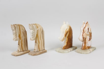 2 Pairs of Carved Onyx Horse Head Bookends