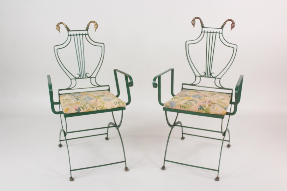 Pair of Iron & Brass Lyre Folding Garden Chairs with Swan Finials (1 of 14)