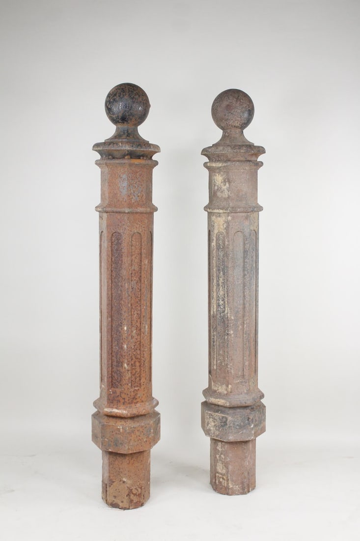 Pair of Massive Cast Iron Ball Top Posts, Architectural (1 of 8)