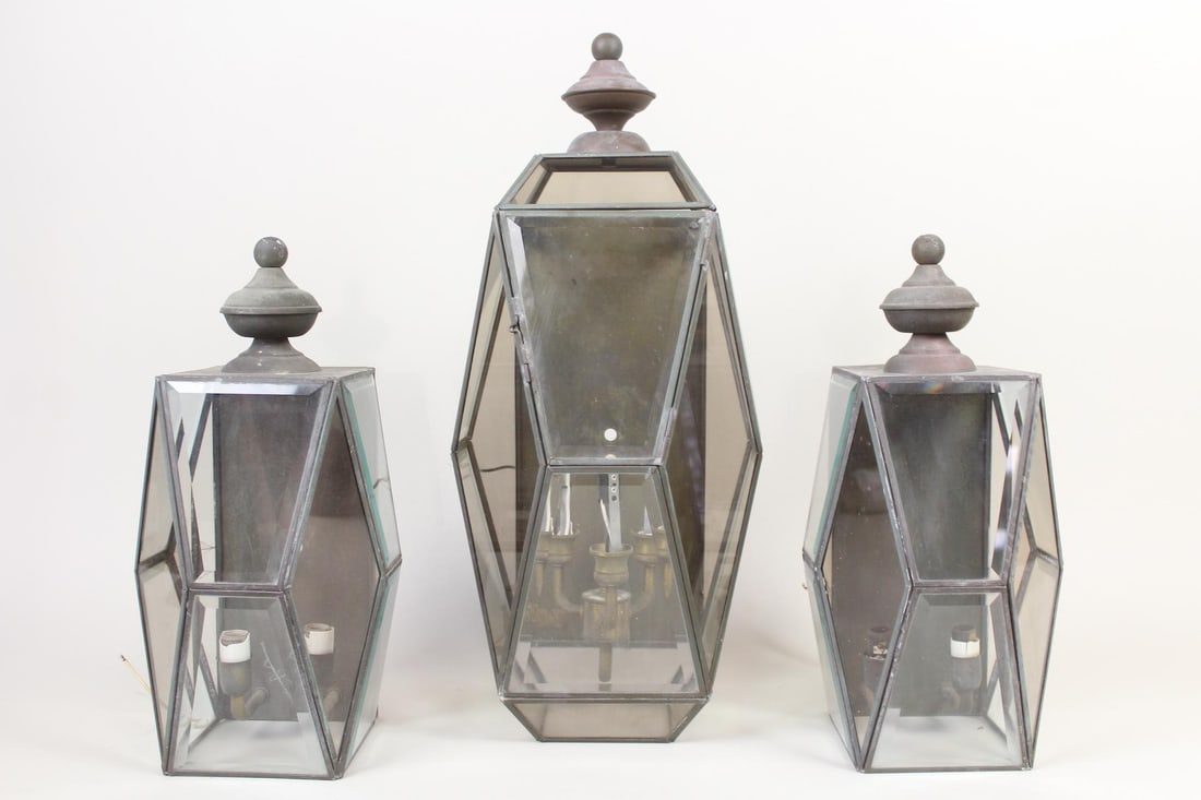 Lot of 3 Brass & Beveled Glass Outdoor Sconce Lights (1 of 12)