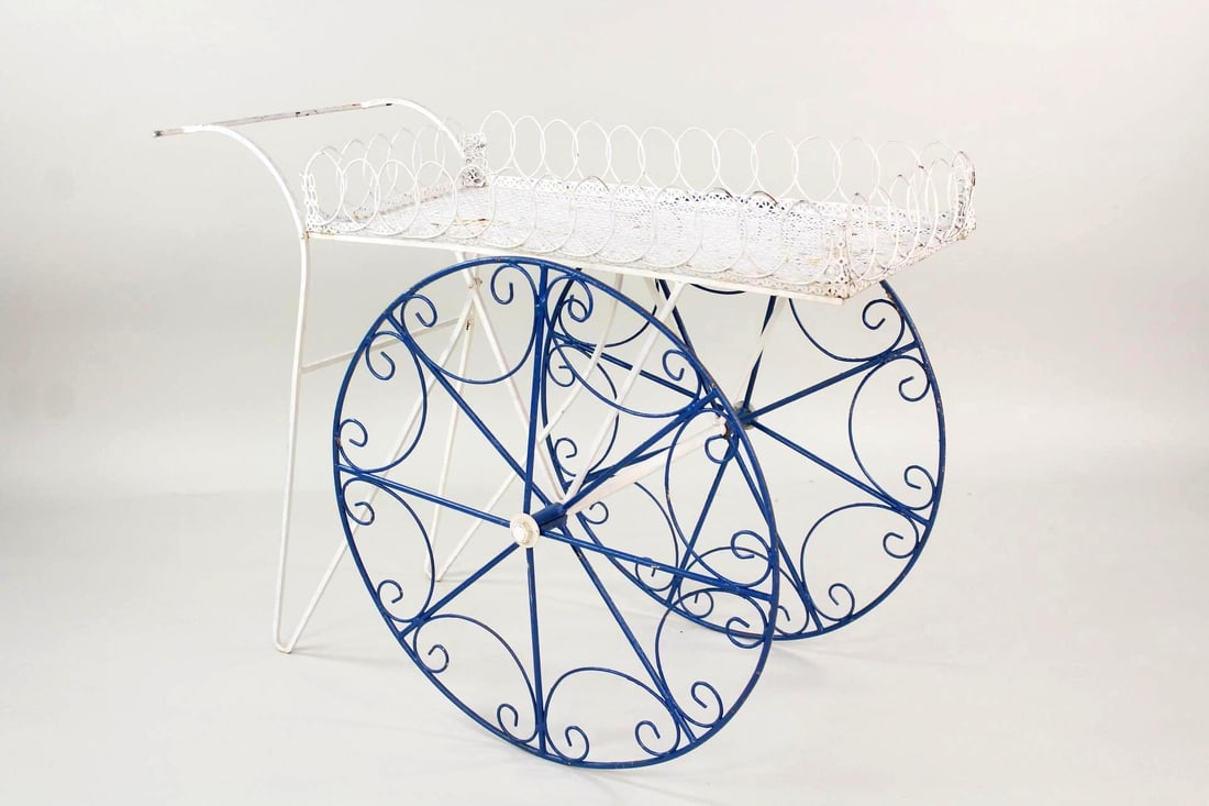 Mid Century Blue & White Painted Metal Flower Cart (1 of 13)