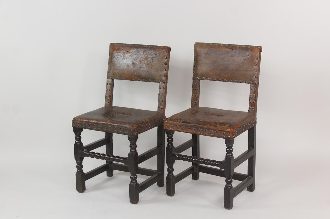Pair of English Restoration Cromwellian Studded Leather Back Chairs (1 of 18)