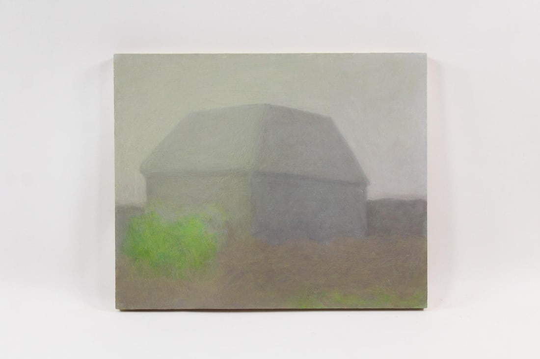 Clark Murray Expressionistic Painting, Building & Bushes: Clark Murray Expressionistic Painting, Building & Bushes.Atmospheric painting on a cradled hard panel in organic colors and shapes suggesting a building with bushes to its left. Unsigned, by the artis