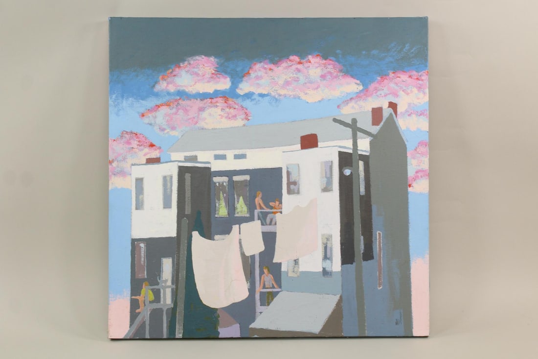 Edward Avedisian Modernist Painting, Cityscape with Pink Clouds (1 of 8)