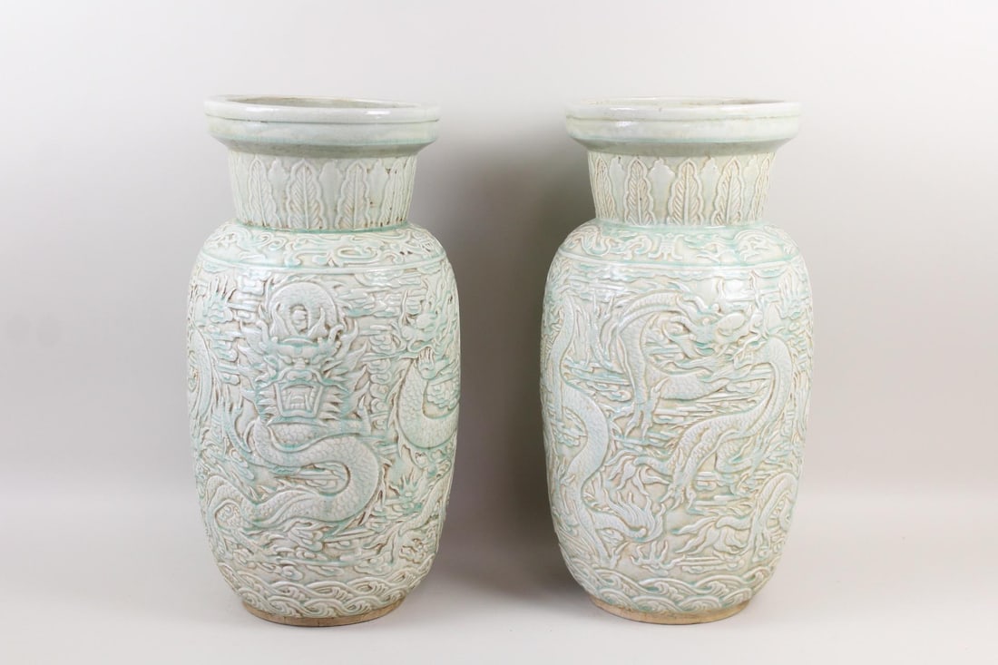 Pair of Celadon Porcelain Chinese Dragon Vases (1 of 11)