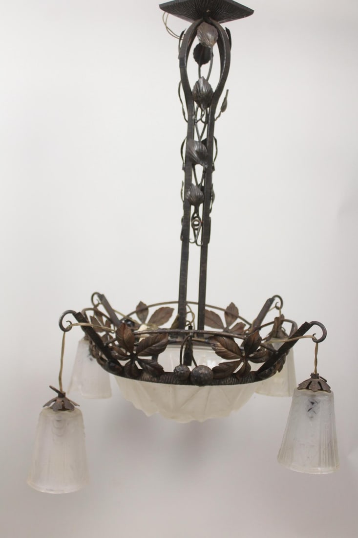 French Art Deco Degue Wrought Iron & Frosted Glass Chandelier (1 of 13)