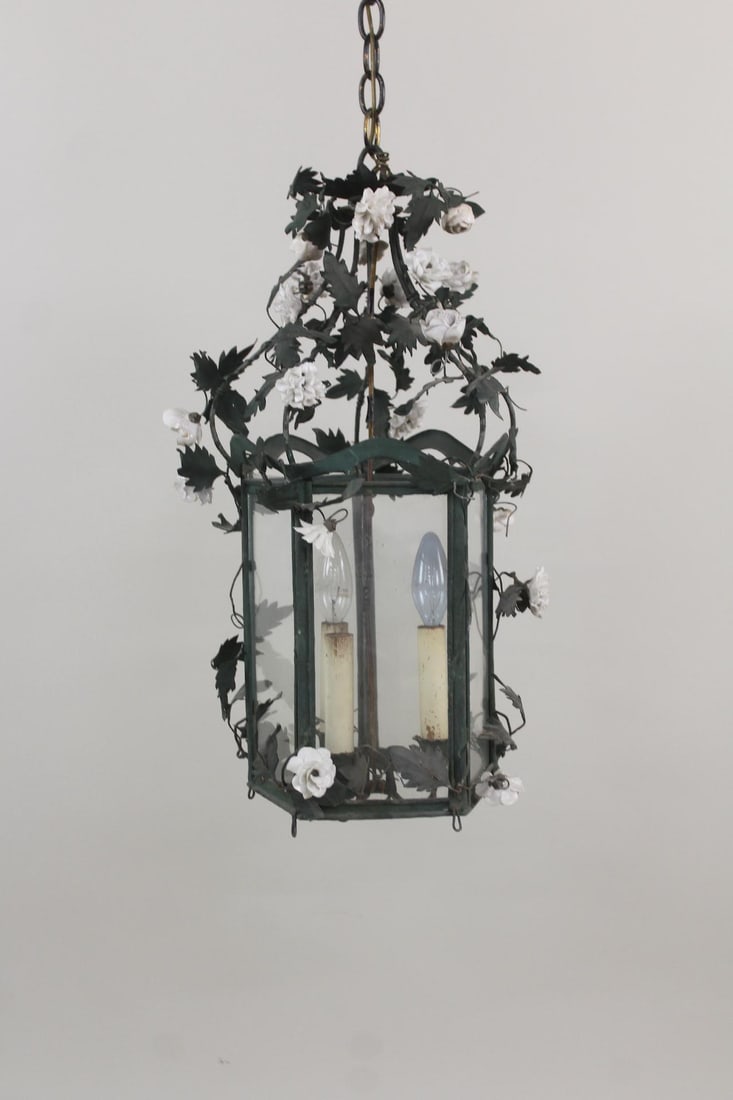 Porcelain Flowers & Green Tole Hall Lantern Chandelier Louis XV Style (1 of 10)