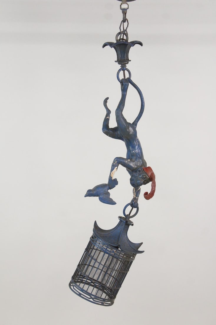 Figural Monkey Stealing a Bird Plaster & Metal Hanging Light (1 of 13)