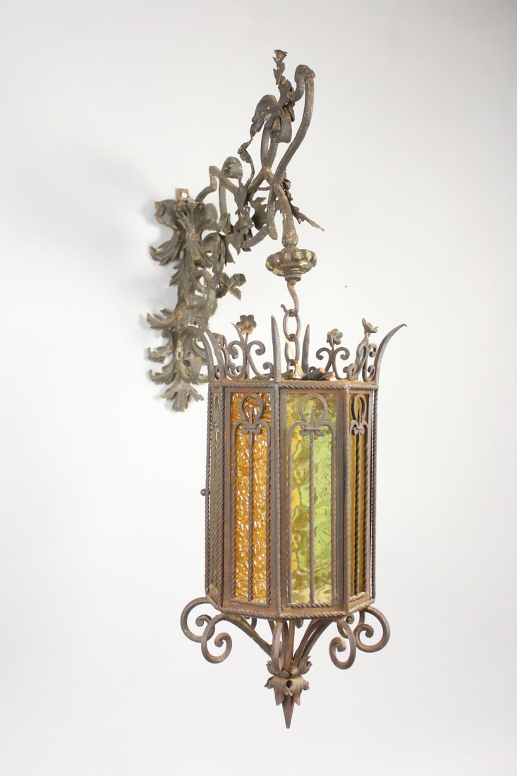 Gothic Revival Wrought Iron & Glass Lantern Sconce (1 of 9)