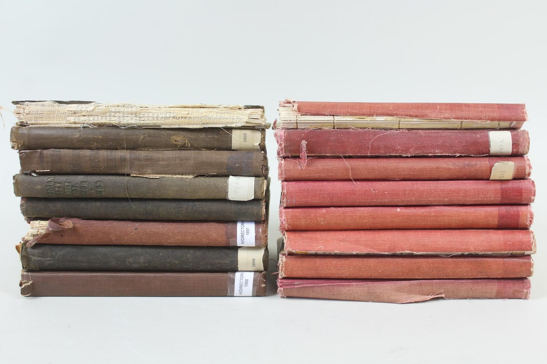 Set of 16 Clothbound Hudson NY City Directories 1877-1919: Set of 16 Clothbound Hudson NY City Directories 1877-1919. Hardback clothbound directories list resident's and business addresses, and include advertisements on front covers, inside covers and through