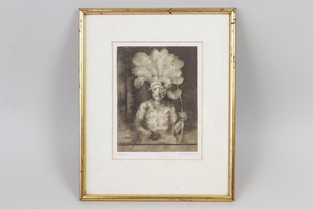 Thomas Cornell Etching "Indian": Thomas Cornell Limited Edition Etching "Indian." Etching depicting a Native American man wearing a headdress and holding a bow. Titled Indian, c. 1970. Signed lower right by the artist Thomas Cornell