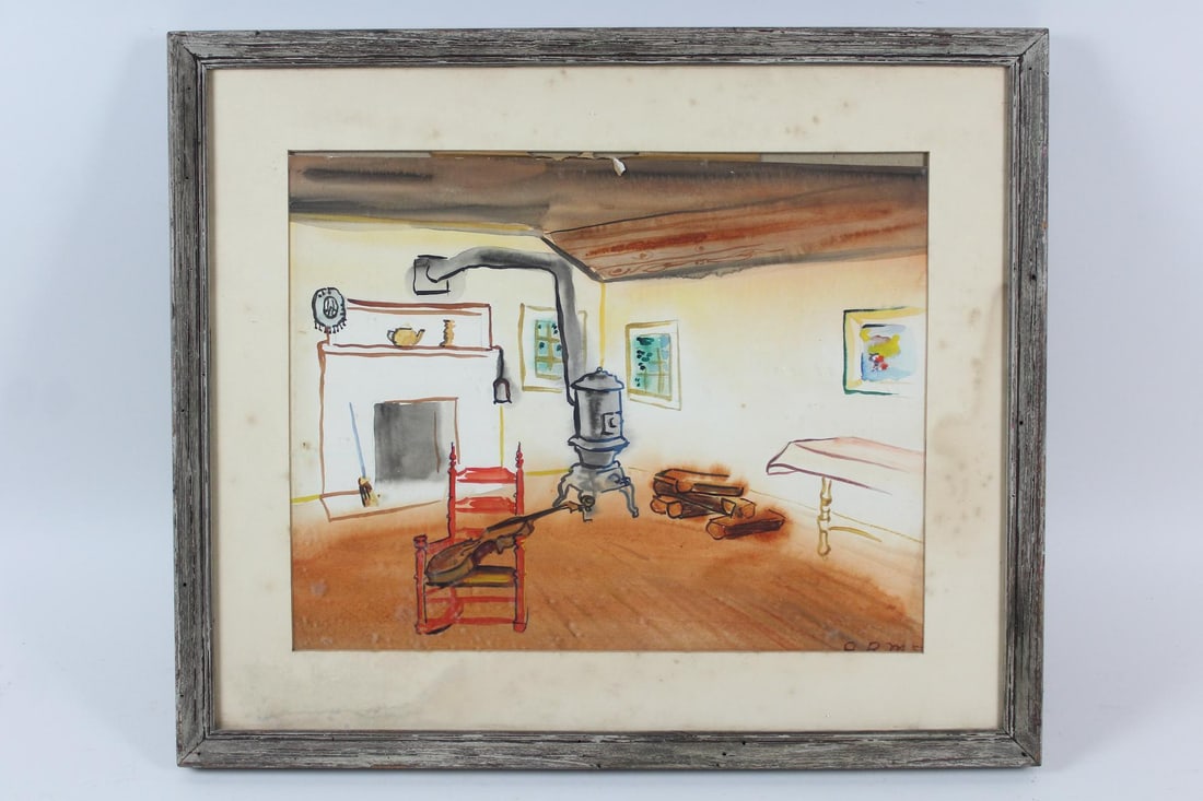 Watercolor Painting 1953 Surrealist Cabin Setting: Watercolor Painting 1953 Surreal Cabin Setting. This watercolor framed is initialed and dated bottom right corner. Dimensions are 21 in h x 25 in w x 1 in d. Condition is good; art is loose from mat. 