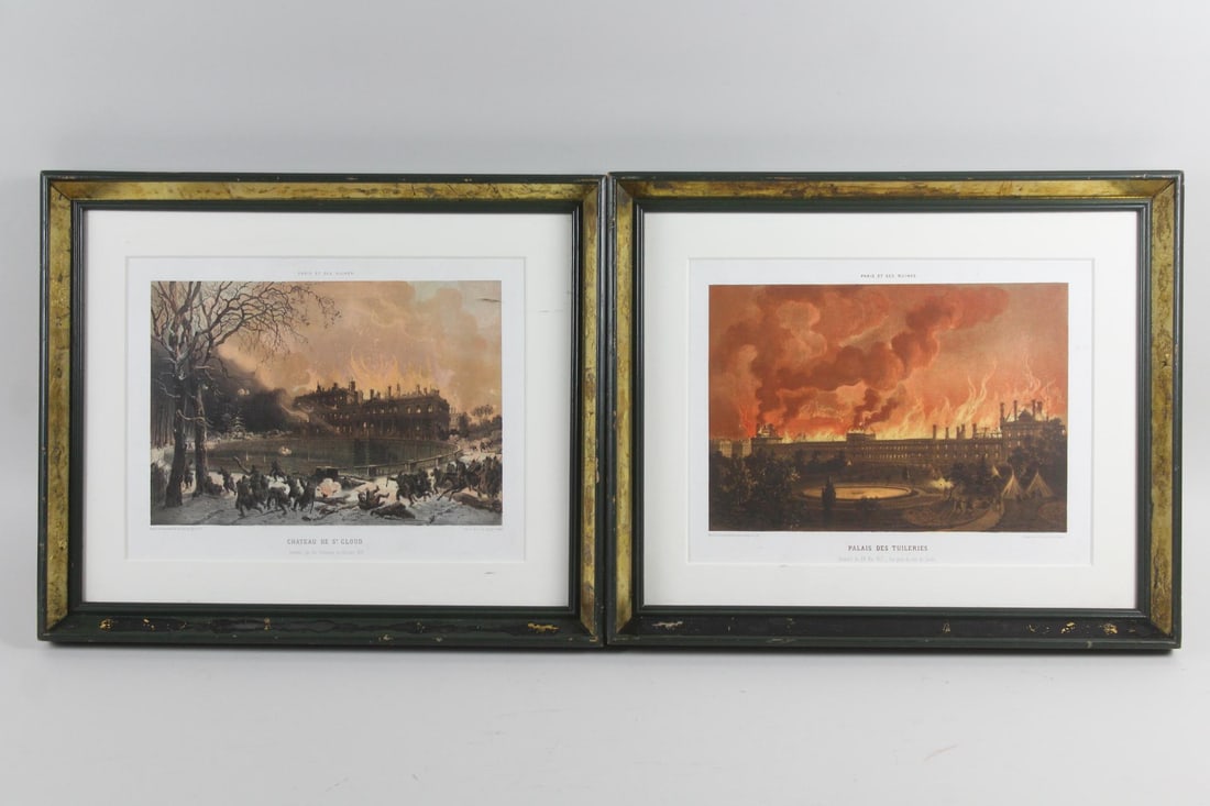 Pair of Sabatier Lithographs of Paris Burning, Franco-Prussian War: Pair of Lithographs of Paris Burning in the Franco-Prussian War, Sabatier. Pair of matching lithographs in color by Leon Jean Baptiste Sabatier (French, d.1887). One depictsSaint Cloud Castle, after b