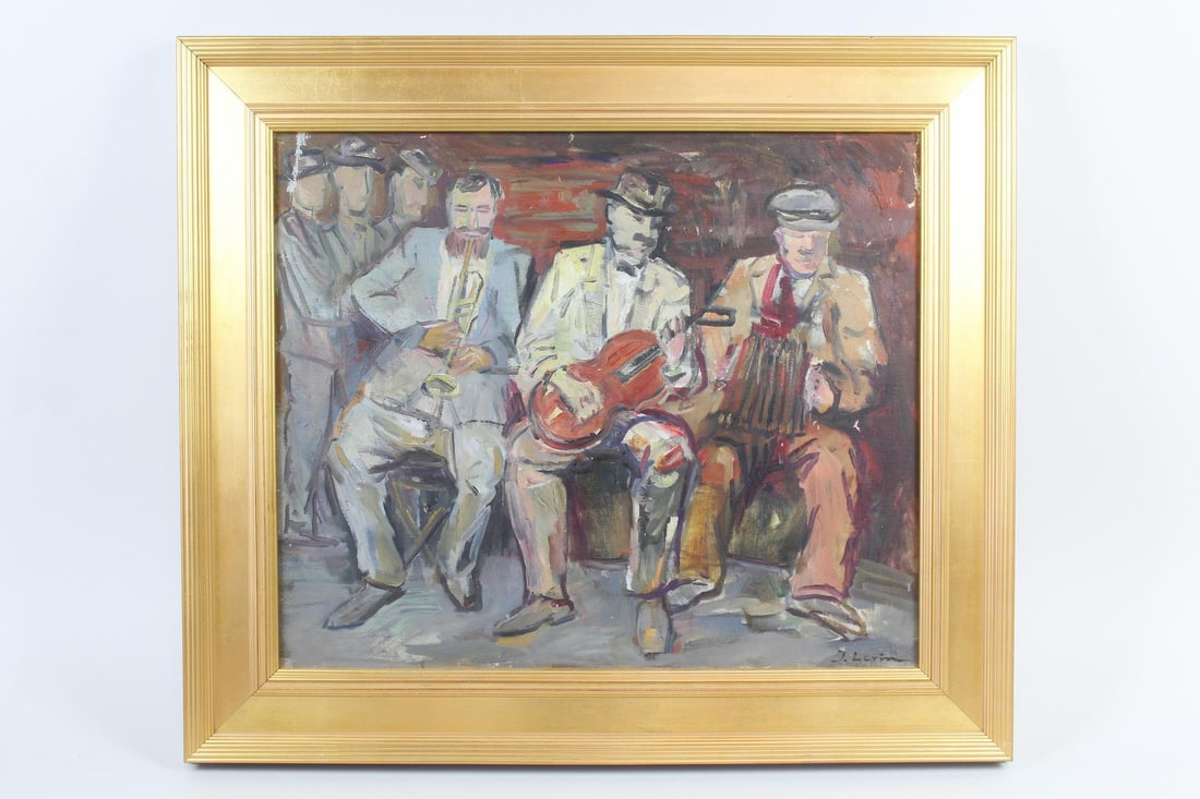 Modernist Painting of Street Musicians, Joseph Levin, WPA Style: Modernist Painting of a Street Band, Joseph Levin. Painting on canvas of 3 men playing music, likely in NYC, signed J. Levinlower right by the artist Joseph Levin ( Russian American 1894-1979.) In a g