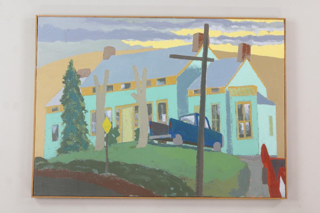 Edward Avedisian Modernist Painting, Teal House & Pickup Trucks (1 of 9)