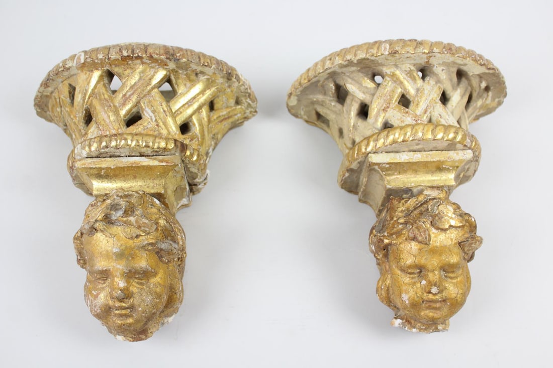 Pair of Baroque Figural Gilt Wood Wall Baskets with Cherubs (1 of 10)