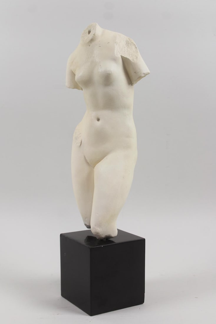 Cast Stone Neoclassical Aphrodite Statuette: Cast Stone Neoclassical Aphrodite Nude Female Sculpture. Composite neoclassical sculpture of a female torso and legs, likely a reproduction Aphrodite. On a black mount (not attached) and unsigned. Dim