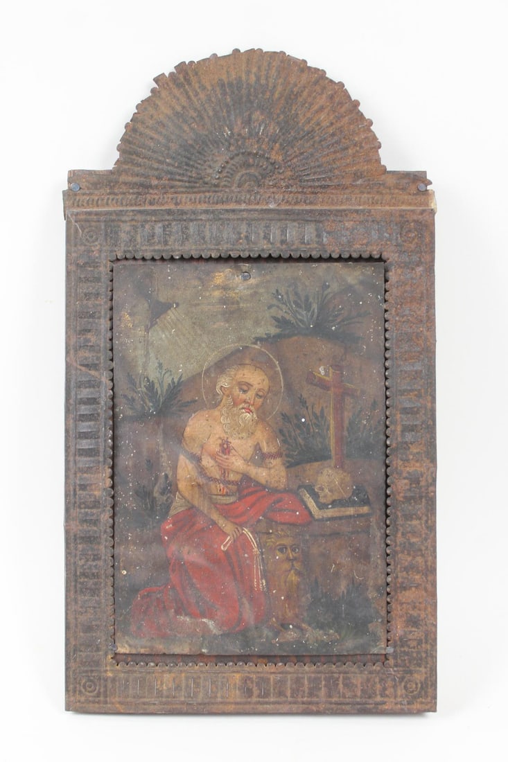 Framed Mexican Retablo Painting on Tin, Saint Jerome (1 of 10)