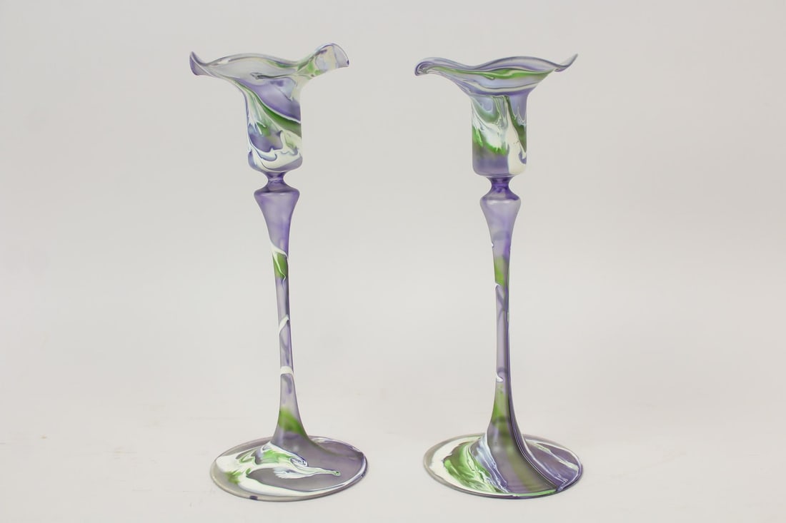 Pair of Purple & Green Blown Art Glass Candlesticks (1 of 10)