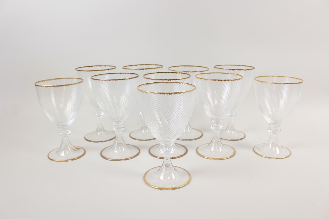 Lot of 10 Gold Edged Nason Moretti 'PL/4' Murano Glass Cups: Lot of 10 Gold Edged Nason Moretti 'PL/4' Murano Glass Cups. These wine or sherry goblets have twisted glass textures and are edged in a gilt painted rim around the cup and the base. No maker's mark,