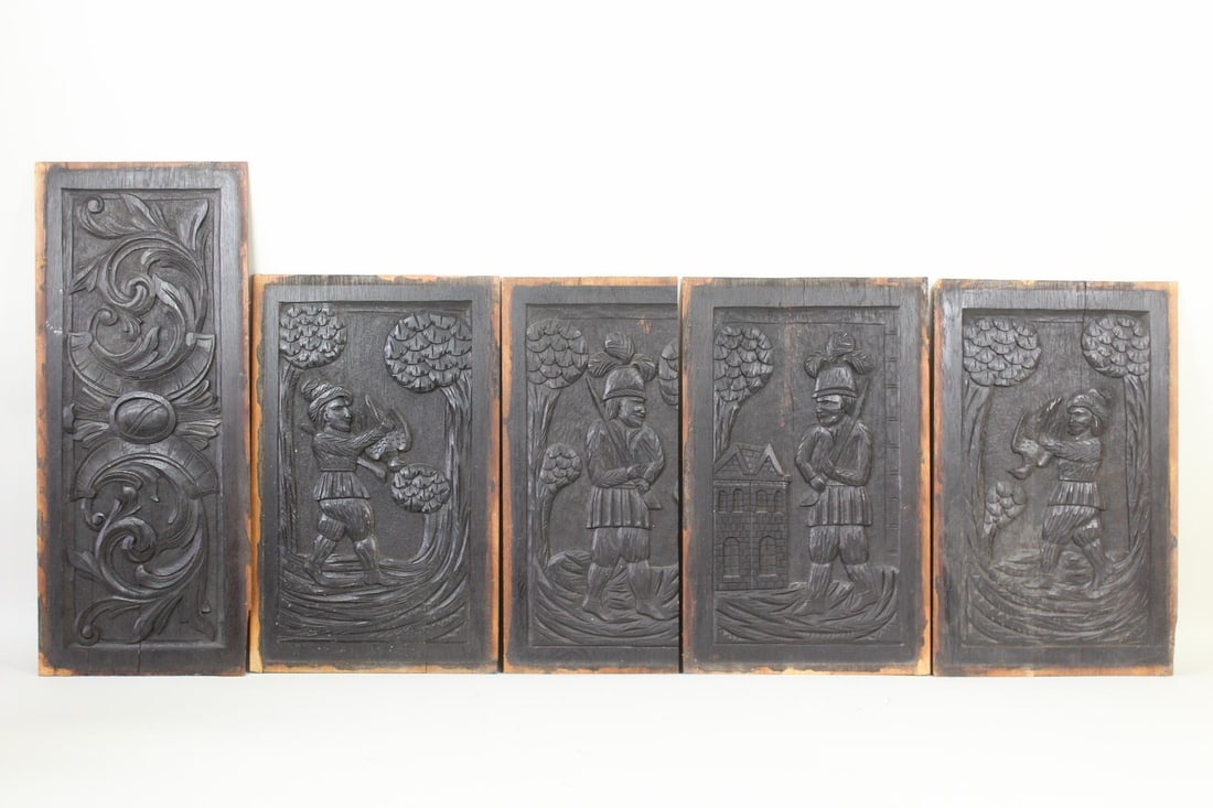 Lot of 5 Antique Hand Carved Heraldic Hunting Scene Panels (1 of 16)