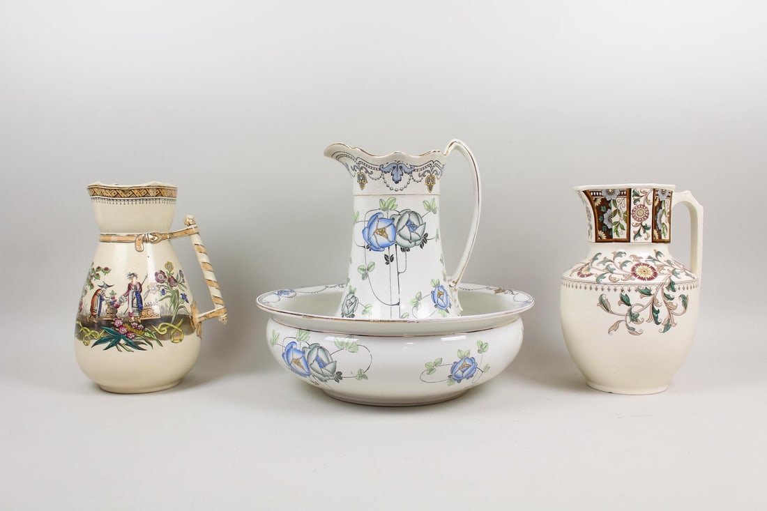 Ironstone Lot; 3 Aesthetic Transferware Ironstone Pitchers and Bowl (1 of 18)
