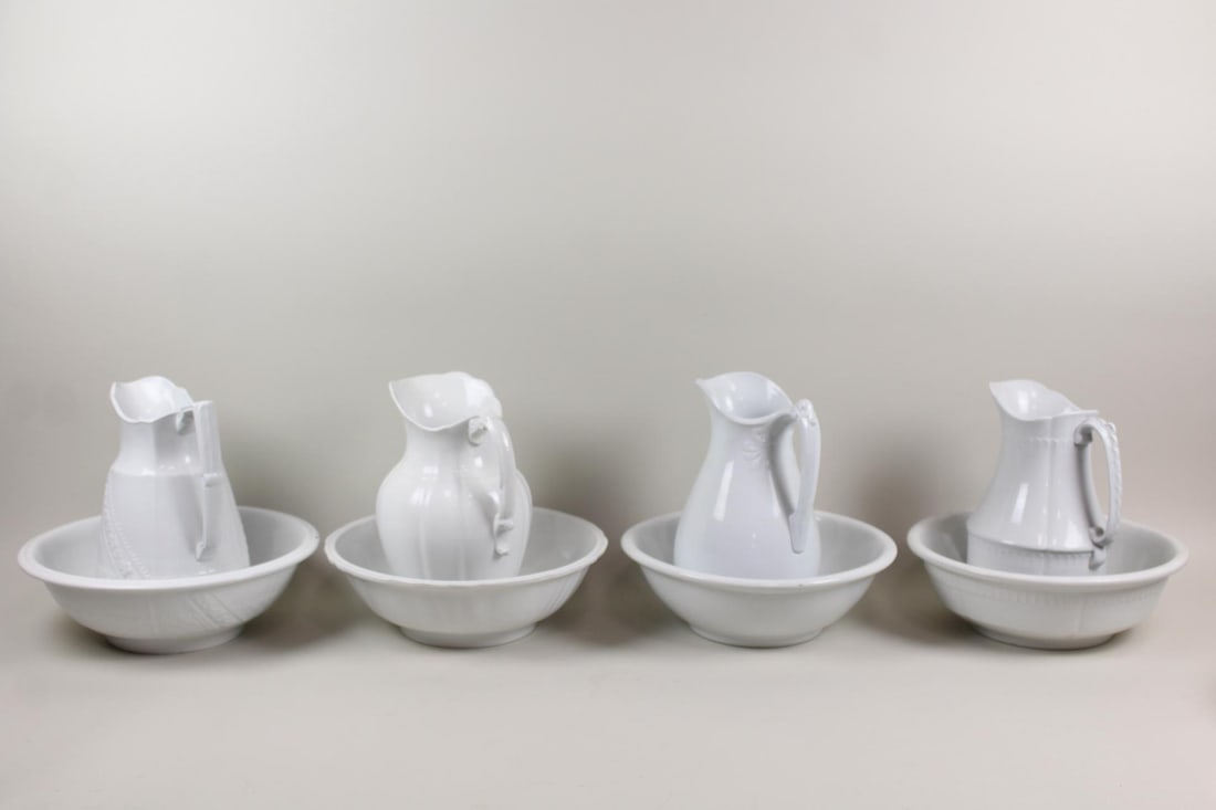 Ironstone Lot; 4 Pitcher & Basin Sets (1 of 12)