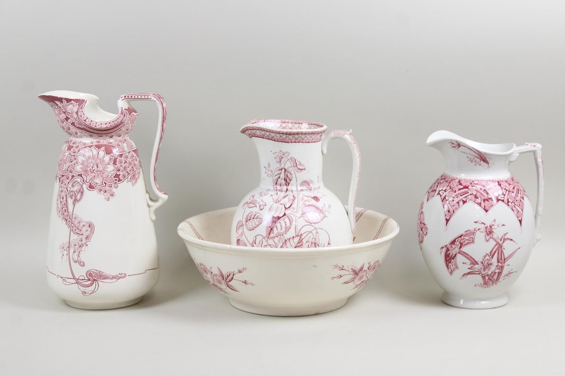 Ironstone Lot; 3 Pink Transferware Pitchers and Bowl (1 of 15)