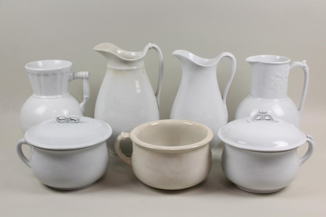 Ironstone Lot; 4 Pitchers & 3 Chamber Pots (1 of 13)