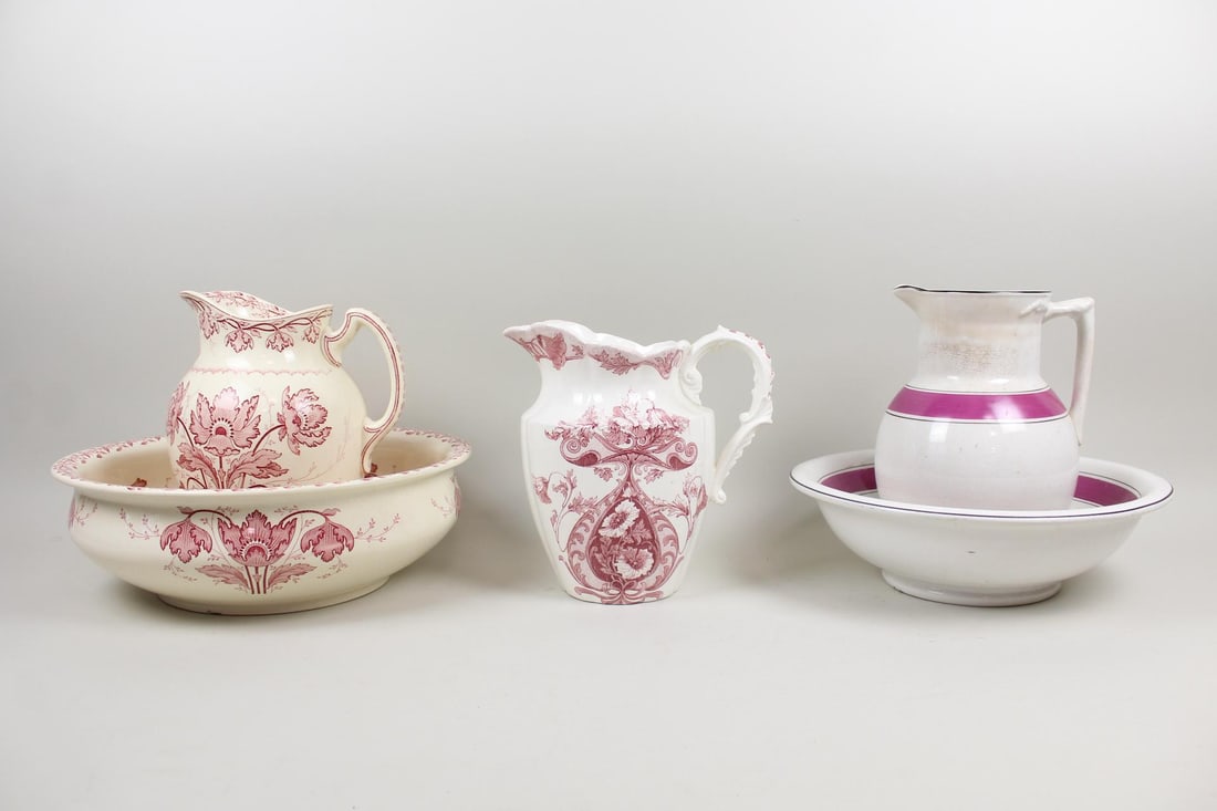 Ironstone Lot; 3 Pink Decorated Ironstone Pitchers & 2 Matching Bowls (1 of 19)
