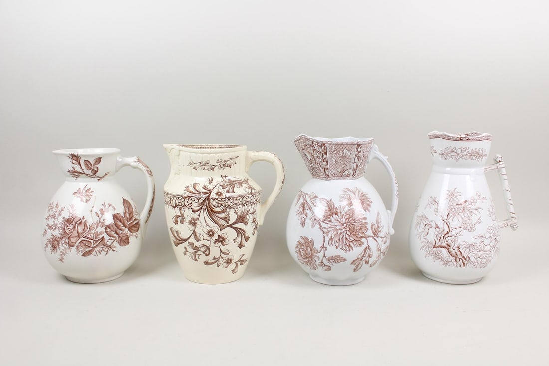 Ironstone Lot; 4 Aesthetic Brown Transferware Ironstone Pitchers (1 of 18)