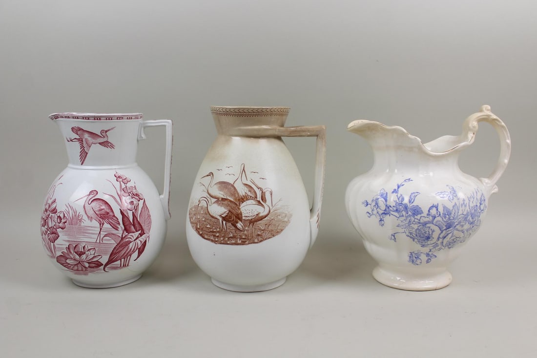 Ironstone Lot; 3 Transferware Ironstone Pitchers, 2 with Birds (1 of 16)