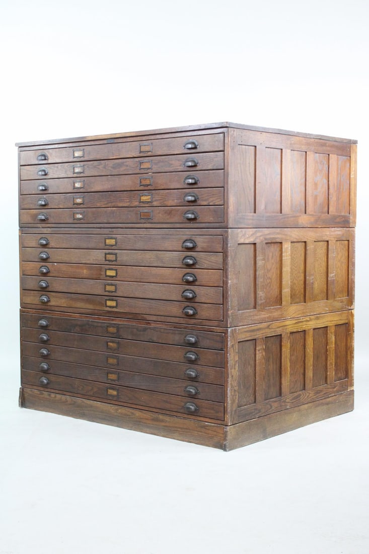 Paneled Oak Stacking Flat File Cabinet, Eugene Dietzgen Co.: Antique Wood Paneled Flat File Cabinet, Eugene Dietzgen Co. This large industrial 3-tiered storage chest of 15 total narrow wide drawers in stacks of 5 has metal handles and slots for labels. Marked a