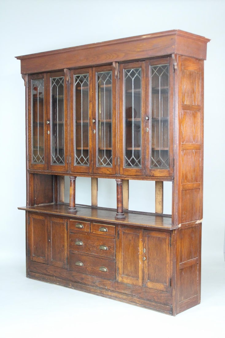 Large Oak Leaded Glass Bookcase or Buffet (1 of 20)