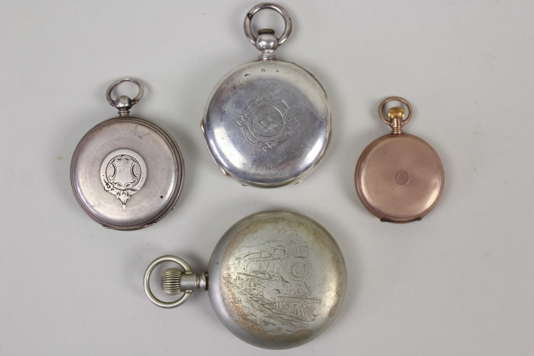 Lot of 4 Antique Pocket Watches, Silver & Copper Metal, Train, Standard, Illinois (1 of 11)