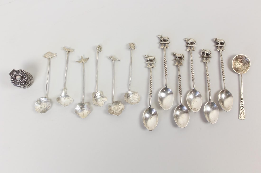 14 Pc Silver Lot, Sterling Figural Spoons & Thimble Holder with Gold Thimble (1 of 16)