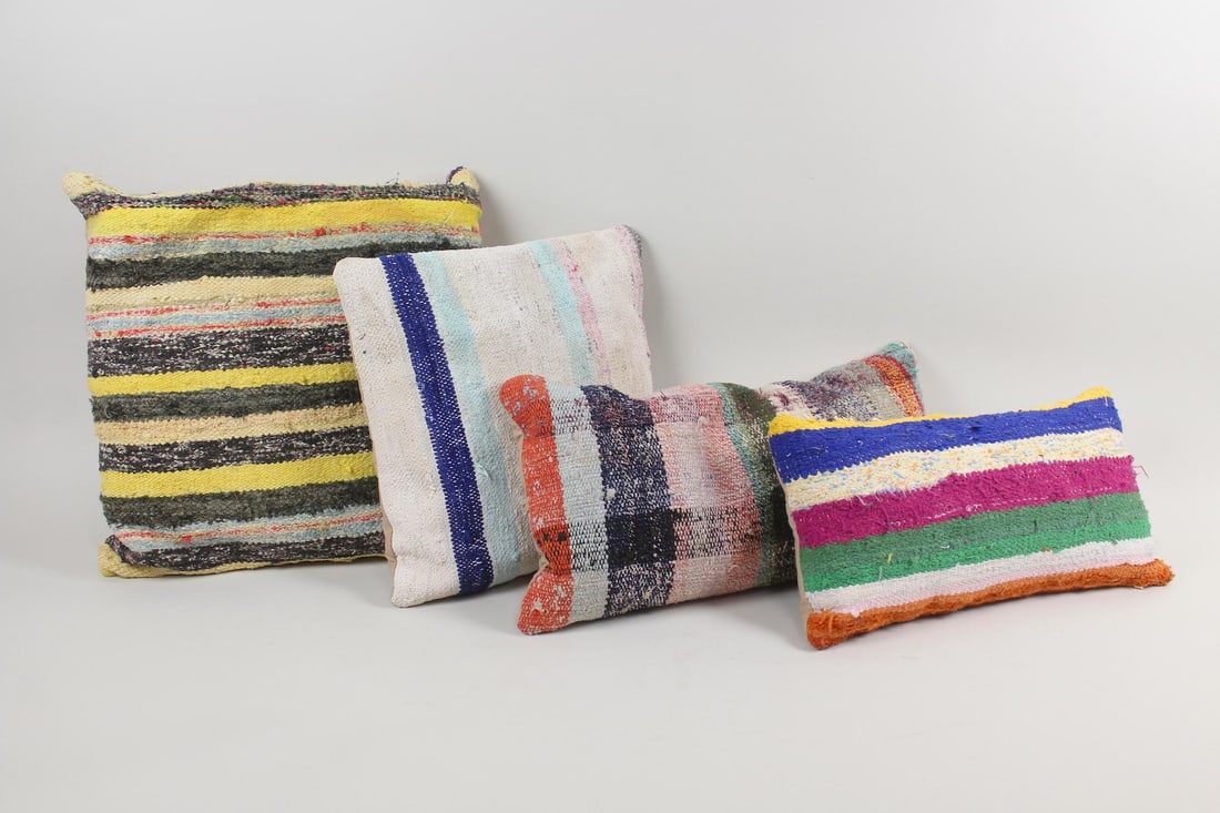 Set of 4 Kilm Striped Pillows, Square & Rectangle: Set of 4 Kilm Striped Pillows, Square & Rectangle. They have zippered backs. Dimensions of the squares are 17 in h x 17 in w x 6 in d, 15 in h x 15 in w x 4in d. The rectangles are 10 in h x 22 in w x