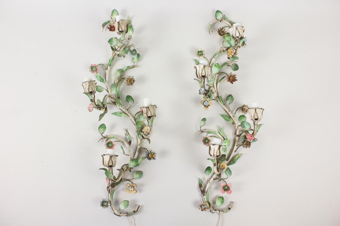 Pair of Mid-Century Modern Italian Tole Floral Metal Sconces (1 of 9)