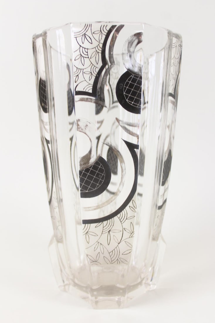 Art Deco Black & Silver Painted Cut Glass Vase, Karl Palda (1 of 8)
