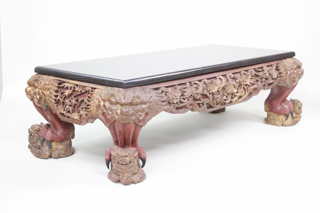 Asian Style Carved Dragon Claw Wood & Marble Top Coffee Table (1 of 14)