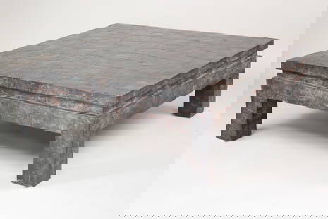 Maitland-Smith Copper Patchwork Coffee Table, Paul Evans Style: Oversized Brutalist Copper Patchwork Coffee Table, Paul Evans for Maitland Smith. This industrialbrutalistlow rise table is covered in metal sheet patches nailed together, with a notched groove around