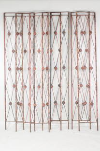 Set of 7 Art Nouveau Iron Architectural Garden Trellis, 9ft Tall: Set of 7 Iron Architectural Garden Trellis, 9ft Tall. This is a really great set of 7 matching trellises, one is green the rest have old red paint. Dimensions are 109.5 in h x 18 in w x 1.25 in d.