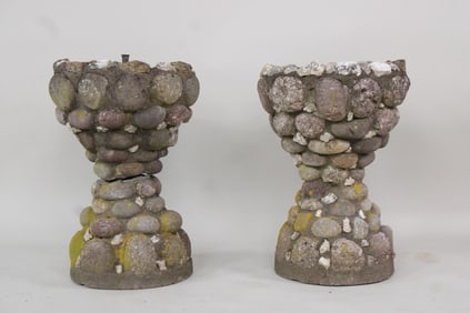Pair of Concrete & Stone Decorated Planters on Pedestals, Folk Art