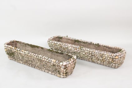 Pair of 4ft Long Concrete & Stone Decorated Planters, Folk Art