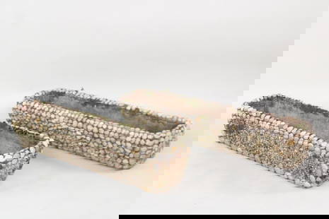 Pair of 4ft Long Concrete & Stone Decorated Planters, Folk Art: Pair of 4ft Long Concrete & Stone Decorated Planters, Folk Art. This is a matching pair, with great patina and moss. They are handmade constructed of concrete and stones. Dimensions are 8.75 in h x