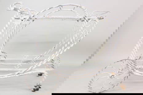 Salterii Wrought Iron Bar Serving Cart: Salterii Wrought Iron Bar Serving Cart. this white painted Wrought Iron serving cart would be a great additionto your outdoor scene. Two levels of glass. Dimensions are 33 in h x 24 in w x 39 in d.
