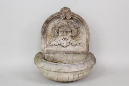 19th C. Carved Stone Face Fountain & Basin