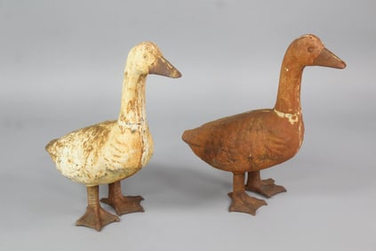 Pair of Cast Iron Geese Garden Statue Sculptures