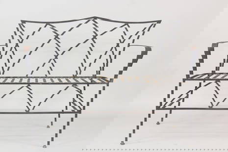 Wrought Iron Garden Settee Bench, Deco Style: Wrought Iron Garden Settee Bench, Deco Style. The settee ismade of wrought iron, great art deco design style,with strap seat. Dimensions are 34 in h x 44.75 in w x 22 in d. Seat rise is 17.5 in h.